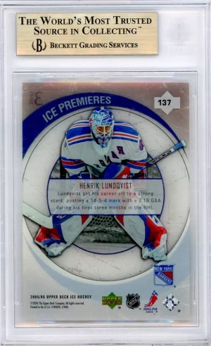 2005-06 Upper Deck Ice Premiers Rookie BGS 10 SSP Henrik Lundqvist back